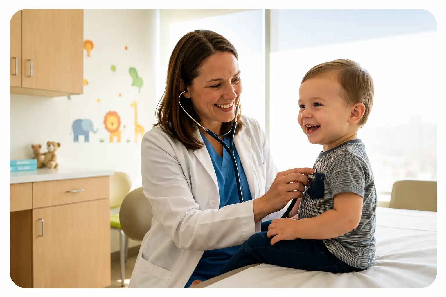 Pediatrician examining a smiling toddler in a clean modern clinic